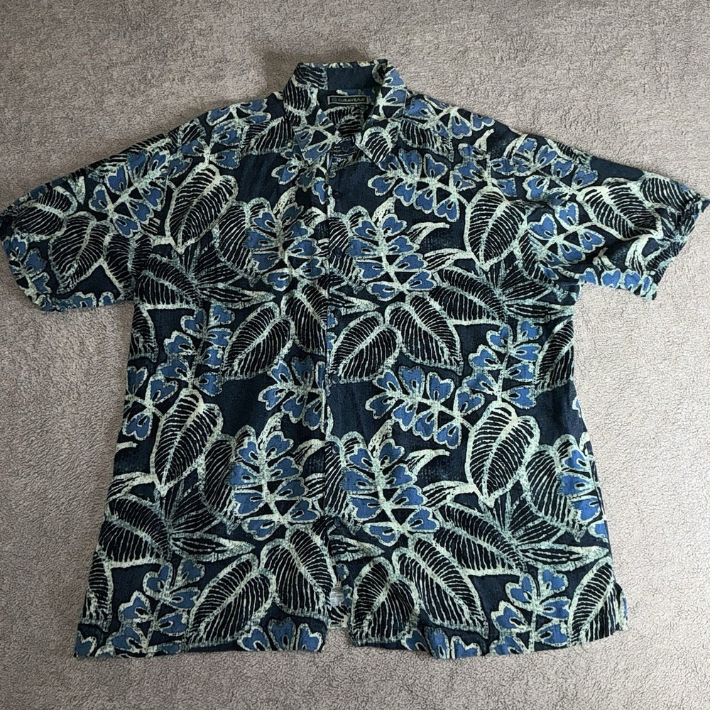 Cubavera Men's L‎ Blue Tropical Floral Leaf Hawaiian Rayon Button Down Shirt